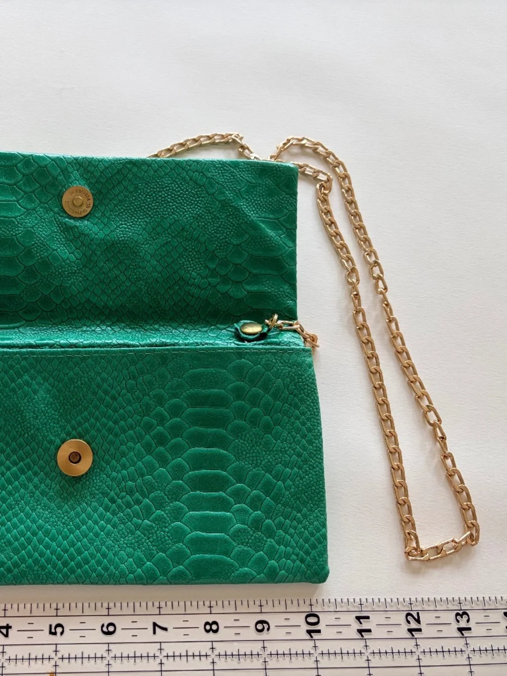 Fun Bags London Emerald Green Snake Embossed Foldover Clutch with Gold Chain